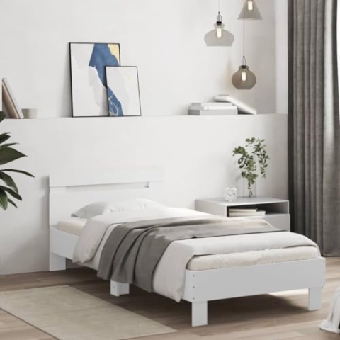 vidaXL Bettgestell, Bettrahmen mit Lattenrost, Bett Gästebett mit Kopfteil LED-Leuchten, Einzelbett Schlafzimmerbett Schlafzimmermöbel, Weiß 90x200cm