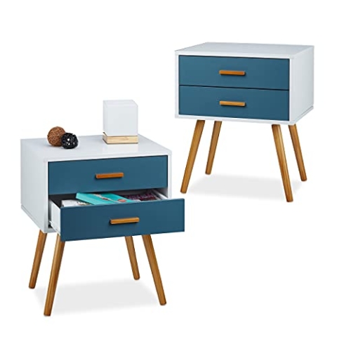 Relaxdays 2X Nachttisch Skandinavisch, Nachttischschrank, 2 Schubladen, Nachtschrank, HBT: 58x41x48 cm, matt lackiert, türkis-weiß