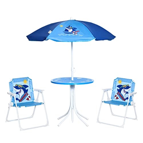 Outsunny 4 TLG. Kindersitzgruppe Garten Gartentisch 2 Klappstühle Sonnenschirm Camping Kindersitzgarnitur Gartenmöbel für 3-6 Jahre Blau