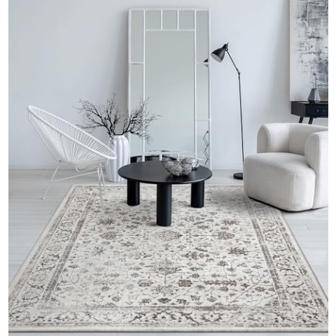 the carpet Mila Moderner Dicher Kurzflor Teppich, Wohnzimmer, Schlafzimmer, Eleganter Glanz, Glanzfaser, Hoch-Tief Effekt, Bordüre, Creme, 120 x 170 cm