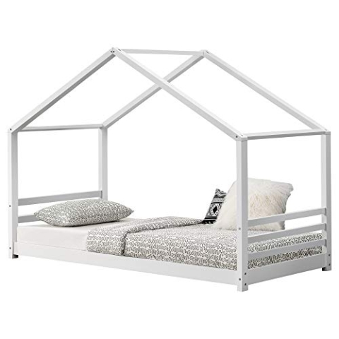 [en.casa] Kinderbett Vardø Hausbett im Montessori Stil Bettenhaus Spielbett mit Lattenrost Jugendbett aus massiver Kiefer Bettgestell 90x200cm Weiß