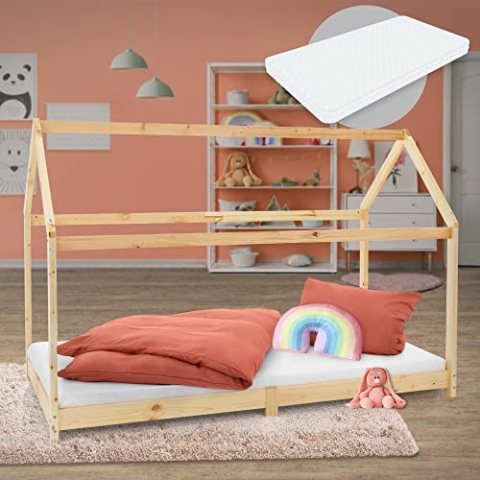 ML-Design Kinderbett 90x200 cm Natur mit Matratze H:10 cm, Dach & Lattenrost, Hausbett für Mädchen/Jungen, Kinderhaus aus Kiefernholz, Stabiles Jugendbett, Massivholz Kinder Bett, Bettenhaus Spielbett