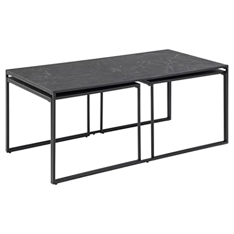 AC Design Furniture Ingelise rechteckiger Couchtisch 3er-Set, schwarze Tischplatte im Marmor-Look mit schwarzen Metallbeinen, Couchtisch im Industriedesign, Möbel für kleine Räume
