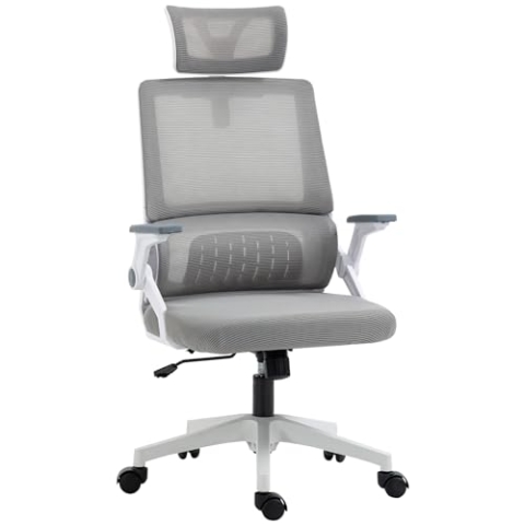 Vinsetto Bürostuhl Ergonomisch, Schreibtischstuhl mit Verstellbar Kopfstütze, Armlehne höhenverstellbar Computerstuhl Drehstuhl mit Wippfunktion, Lendenstütze, Mesh, Grau