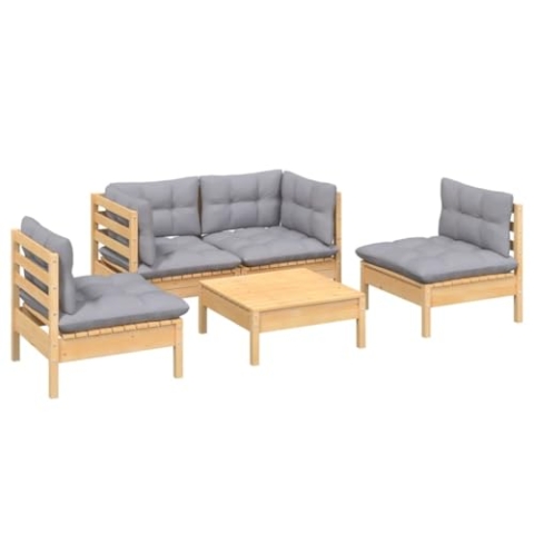 vidaXL Garten Lounge Set 5-TLG., Gartenmöbel Set Sitzgruppe für Garten Terrasse Balkon, Modular Sofa mit Grauen Kissen, Garnitur Loungemöbel, Massivholz Kiefer