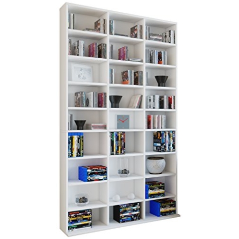VCM Holzregal stehend | platzsparender CD-Schrank für 1080 CDs oder 504 DVDs | Maße: H. 181 x B. 102 x T. 23 cm | Elegantes DVD Regal stehend | Blu-Ray Regal | CD Regal Megosa XL Weiß