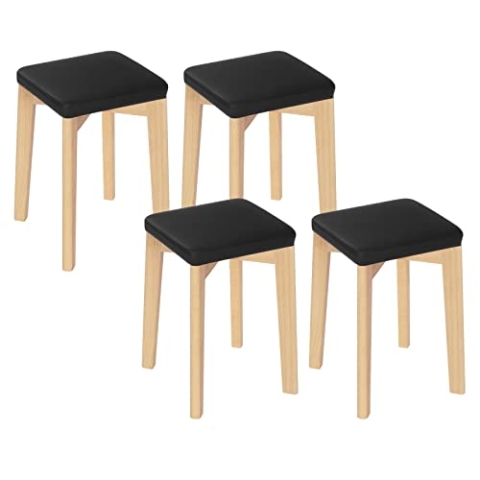 WOLTU Esszimmerstühle, Küchenstuhl aus Massivholz, Holzhocker im Esszimmer, mit gepolstertem und PU-bezogenem Sitz, Polsterstuhl 32,5x47x32,5 cm, Holzstuhl Holzmaserung Schwarz, BH345sz-4