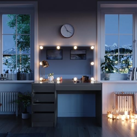 Vicco Schminktisch Sherry, Kosmetiktisch mit Spiegel, Grau Hochglanz, 120 cm mit LED Beleuchtung