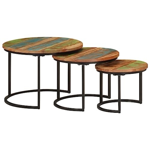 vidaXL Satztisch 3-TLG., Couchtisch Holz-Tischplatte Eisenbein, Beistelltisch für Wohnzimmer, Wohnzimmertisch, Industrie-Stil, Recyceltes Massivholz