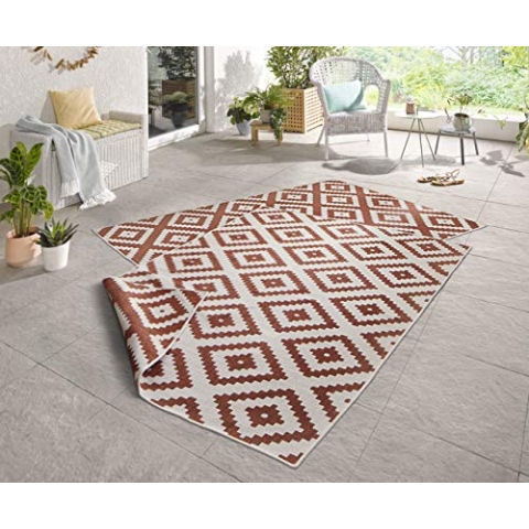 NORTHRUGS Outdoor Teppich Malta-Wendeteppich Wetterfest Modernes Geometrisches Muster Läufer für Balkon Terrasse Garten Wintergarten Wohnzimmerteppich Wasserfest, Polypropylen, Terra,Creme, 80x150cm