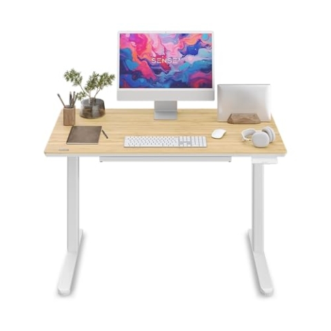 SENSE7 Computertisch Newai, Schreibtisch 120×60 cm, Büroschreibtisch mit Haken, Steh-Sitz-Tisch mit Bambus Oberfläche, höhenverstellbarer elektrischer Schreibtisch mit Schublade,