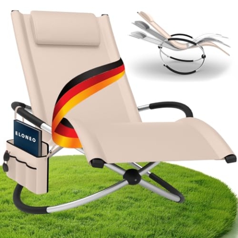 ELONEO Schaukelliege Outdoor mit Tasche, Relaxliege bis 180 kg Belastbarkeit, Schaukelsessel Outdoor, Liegestuhl wetterfest, Sonnenliege für Garten und Balkon, Creme