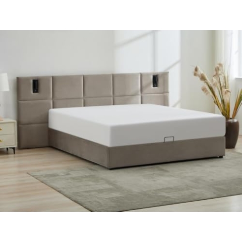 Vente-unique-Bett mit Bettkasten mit Kopfteil & integrierter Lampe + Matratze - 160 x 200 cm - Samt - Taupe - SARETO