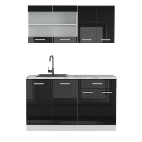 Vicco Singleküche R-Line, Küchenzeile Single, Schwarz Hochglanz/Weiß, 140 cm, AP Marmor