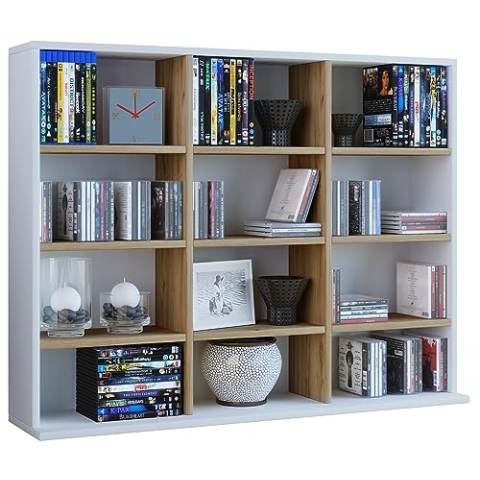 VCM Holzregal stehend | platzsparender CD-Schrank für 480 CDs oder 224 DVDs | Maße:H. 82 x B. 102 x T. 23 cm | Elegantes DVD Regal stehend | Blu-Ray Regal | CD Regal Megosa L Weiß/Honig-Eiche