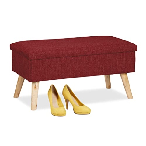 Relaxdays Sitzbank mit Stauraum, gepolsterte Truhenbank, modern, Holzbeine, Stoffbezug, HxBxT 39 x 77 x 39 cm, dunkelrot