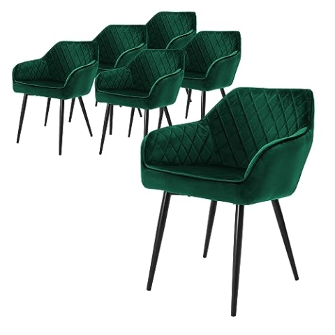 ML-Design 6er Set Esszimmerstühle mit Armlehne und Rückenlehne, Dunkelgrün, Küchenstuhl mit Samtbezug, Polsterstuhl mit Metallbeinen, Ergonomischer Stuhl für Esstisch, Esszimmerstuhl Wohnzimmerstuhl