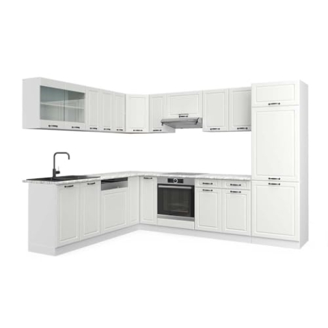 Vicco Eckküche R-Line, Küchenzeile in L-Form, Weiß Landhaus/Weiß, 227 x 60 cm, AP Marmor