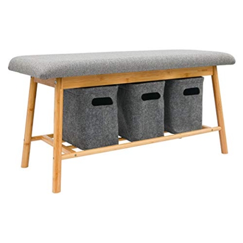 DuneDesign Nordic Sitzbank mit 3 Filzkörben - 90x34x44 Bambus Schuhbank Holz Bank für Flur Garderobe