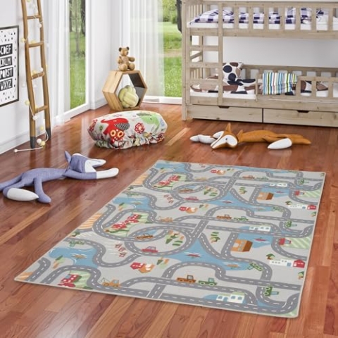 Snapstyle Kinderteppich Spielteppich Kinderzimmer Pflegeleicht Fun Town Grau Bunt in 24 Größen