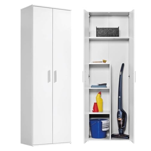 mokebo® Mehrzweckschrank o. Besenschrank 'Der Lange', auch als Haushaltsschrank o. Putzschrank mit Staubsaugerfach für Akkustaubsauger (Max. 141x26x34 cm) in Weiß aus Holz in 60x180x34 (B/H/T in cm)