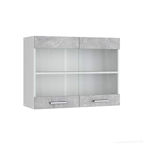 Vicco Küchenglasschrank R-Line, Glashängeschrank, Beton/Weiß, 80 cm