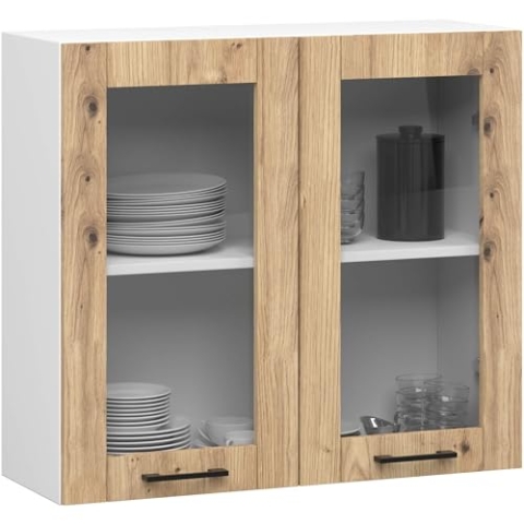 AKORD OLIWIA 80 cm Hängeglasschrank 2 Regalböden & 2 Türen | Hängeschrank Einbauküche Küchenzeile Küchenmöbel Oberschrank Küchenschrank B80xH72xT30,5 cm | Weiß & Artisan