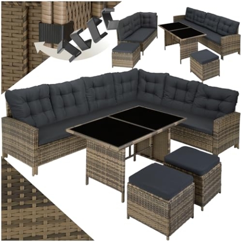 tectake Polyrattan Lounge Set, Gartenmöbel Set mit Sofa, Hocker + Tisch, Balkon Möbel Outdoor, 5-teilige Sitzgruppe, inkl. Sitz- & Rückenkissen, ideal für Garten, Terrasse, Balkon - Natur
