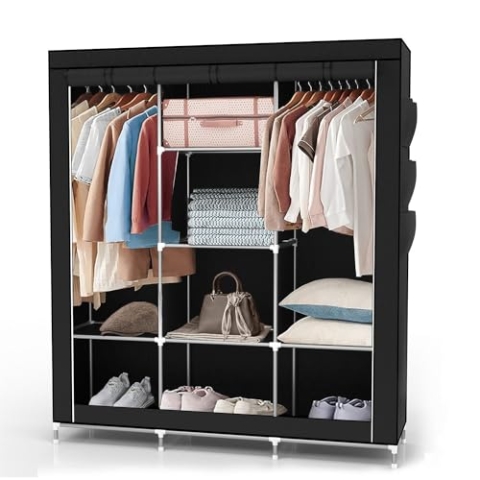 INTIRILIFE Faltschrank 130x175x45 cm in Raben SCHWARZ - mit Reißverschluss Stoffschrank Kleiderschrank mit Kleiderstange, Fächern und Seitentasche - Camping Steckschrank Textil Garderobe