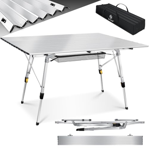 KESSER® Campingtisch faltbar Klapptisch mit Aluminiumrahmen Aufrollbare Tischplatte Falttisch klappbar Höhenverstellung 120 x 70cm - bis 30 kg inkl. Tragetasche mit Trageband & Netztasche, Silber