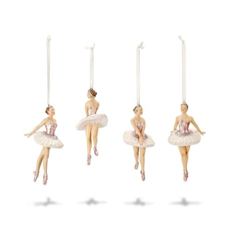 Loberon Figur 4er Set Tadley, handbemalt & glitzernd, Vintage-Charakter, nostalgische Ballerinen in Zwei Posen, Weihnachtsdeko, Christbaumschmuck, Polyresin, weiß/rosa