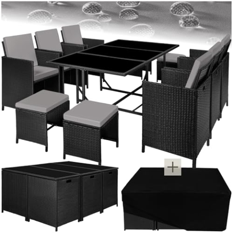 tectake® Outdoor Balkon Gartenmöbel Set, Lounge mit 6 Stühlen, 4 Hocker und 1 Tisch, Poly Rattan Geflecht, wetterfest, platzsparend - schwarz/grau