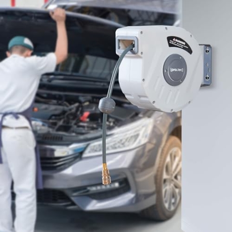 pro.tec Druckluftschlauchtrommel Nassau 180° Schwenkbarkeit Druckluftschlauch 10m + 1m Schlauchtrommel Weiß/Grau Schlauchaufroller zur Wandmontage 1/4 Anschluss automatisch