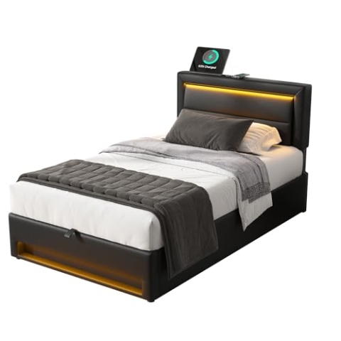 OKYION Polsterbett,90 x 200 Jugendbett,Einzelbett mit USB-Anschluss& LED-Beleuchtung und Stauraum, mit Matratze, Schwarz