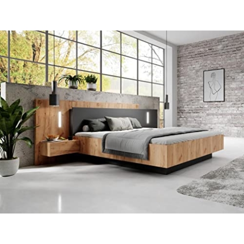 Vente-unique-Bett mit integrierten Nachttischen - 160 x 200 cm - 2 Schubladen + LEDs - Naturfarben & Anthrazit - FRANCOLI