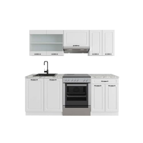Vicco Küchenzeile R-Line, Küchenblock, Weiß Landhaus/Weiß, 200 cm, AP Marmor