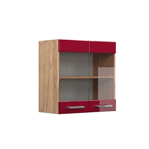 Vicco Küchenglasschrank R-Line, Bordeaux Hochglanz/Goldkraft Eiche, 60 cm