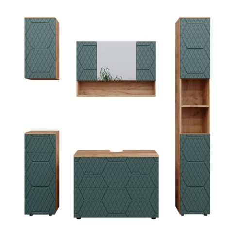 Vicco Badmöbel-Set Irma, Badezimmerschrank-Set, Goldkraft Eiche/Grün, 5 Teile