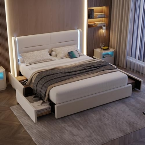 okwish Polsterbett 160x200 cm Doppelbett, Stauraumbett mit 4 Schubladen, Funktionsbett Gepolstertes Bettgestell mit Kopfteil LED-& USB Typ-C Anschlus, Samt Beige - Ohne Matratze