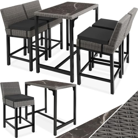 tectake® Alu Rattan Bartisch mit Barhocker, 5-teiliges Gartenbar Set für Terrasse und Balkon, UV-beständiges Polyrattan, Tisch mit Feinsteinzeug Platte, wetterfeste Gartenmöbel - grau