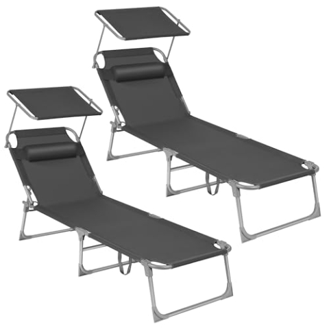 SONGMICS Sonnenliege, 2er Set, klappbarer Liegestuhl, 193 x 53 x 29 cm, bis 150 kg belastbar, Sonnenschutz, Kopfstütze, verstellbare Rückenlehne, für Garten, Pool, Terrasse, dunkelgrau GCB19UV1-2
