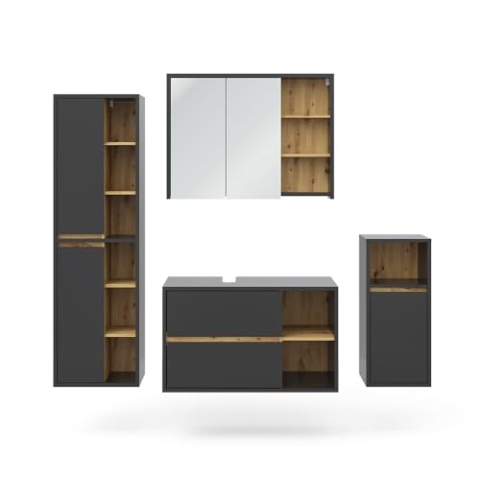 Vicco Badmöbel-Set Viola, Badezimmerschrank-Set, Anthrazit/Eiche, 4 Teile
