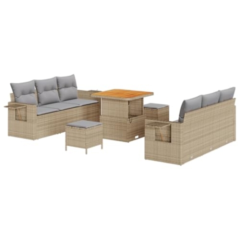 vidaXL 9-teilige Garten Sofagarnitur mit Kissen Beige Poly Rattan Akazie, 3-teilige Garten Essgruppe mit Kissen Beige Poly Rattan Akazie