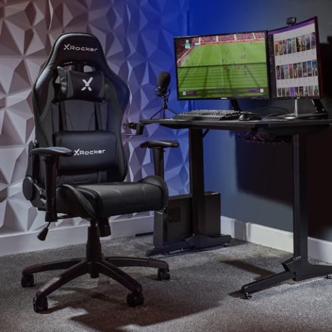 X-Rocker Agility Gaming-Stuhl, Renn-Computerstuhl für Kinder und Junioren, Drehstuhl, ergonomischer PC-Stuhl mit hoher Rückenlehne, Kopfstütze und Lendenwirbelstützkissen, höhenverstellbar, Schwarz