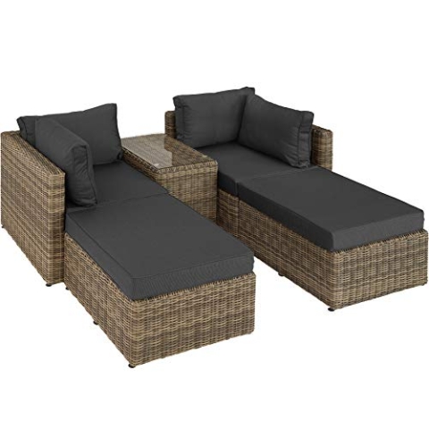 tectake® Luxus Rattan Lounge Set Outdoor, modulares Sofa mit Couch Tisch und Hocker, Balkon Möbel, Garten, Terrasse, Gartenmöbel Set wetterfest, Balkon Lounge, Gartenlounge - Natur