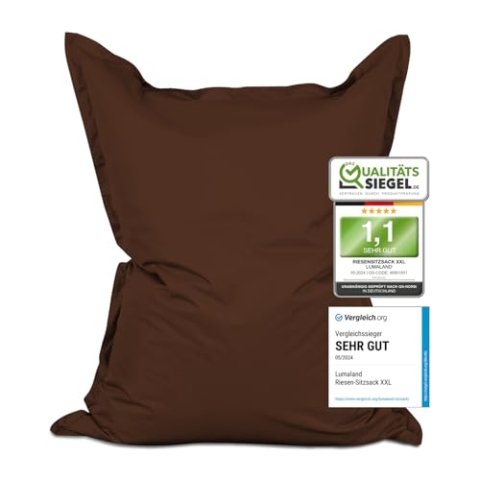 Lumaland Riesen-Sitzsack XXL 140x180 cm | Wasserfestes Indoor & Outdoor Liegekissen mit über 3 Mio. anpassungsfähigen EPS-Perlen | Bean Bag mit waschbarem Bezug [Braun]