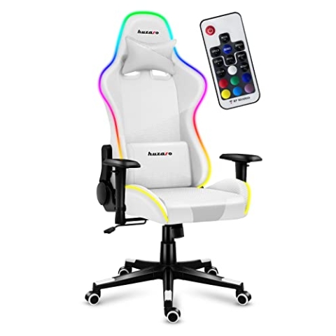 huzaro Force 6.2 White RGB | LED Beleuchtung Gaming Stuhl Bürostuhl Schreibtischstuhl Eco-Leder Stoff Carbon | bis 130 kg belastbar | Höhenverstellbar Kopfstütze Lendenstütze Ergonomischer | Weiß
