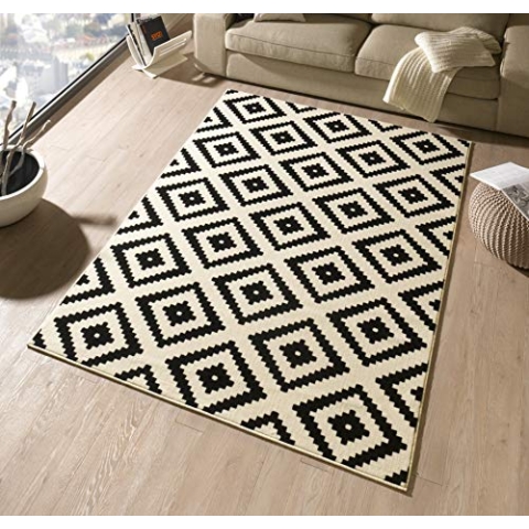 Hanse Home Teppich Raute – Wohnzimmerteppich Kurzflor Skandi Rauten Muster Modern Velours Teppich für Esszimmer, Wohnzimmer, Kinderzimmer, Flur, Schlafzimmer, Küche – Schwarz Creme, 200x290cm