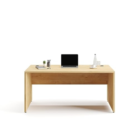 Furni24 Schreibtisch fürs Arbeitszimmer und Home Office - Großer laminierter Computertisch aus Holz, 2 Kabeldurchlässe und mit verstellbarem Metall kabelkanal-Nuvi(Saphir-Eiche,Kabelkanal 160x80x75cm)