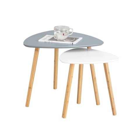 SoBuy 2er Set Beistelltisch mit Ablagen Couchtisch Sofatisch Kaffeetisch Satztisch fürs Wohnzimmer Bambus Hellgrau-Weiß FBT74-HG